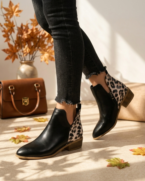 Amber | Dames Statement Dierenprint Paneel Kettingdetail Enkelhoge Boot