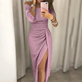 Elise | Dames Gedrapeerde Off-Shoulder Split Driekwart Mouw Midi Jurk