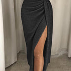 Elise | Dames Gedrapeerde Off-Shoulder Split Driekwart Mouw Midi Jurk