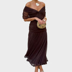 Elise | Dames Gedrapeerde Off-Shoulder Twist Geplooide Taille Maxijurk