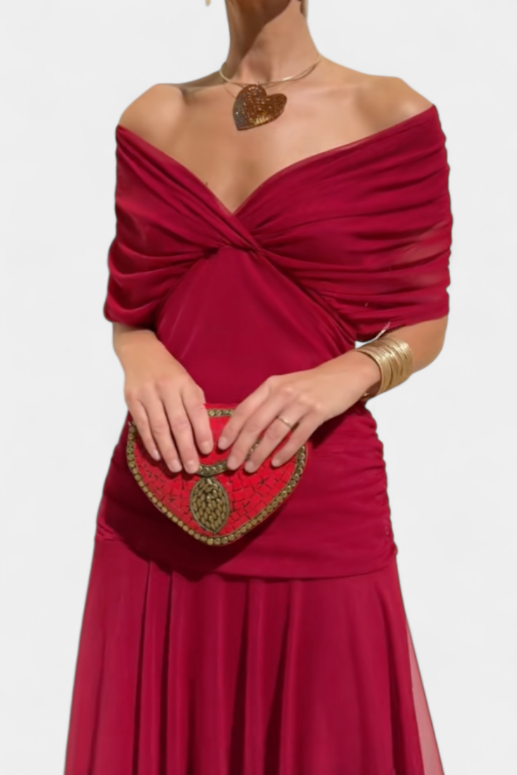 Elise | Dames Gedrapeerde Off-Shoulder Twist Geplooide Taille Maxijurk