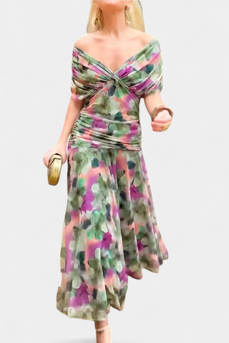 Elise | Dames Gedrapeerde Off-Shoulder Twist Geplooide Taille Maxijurk
