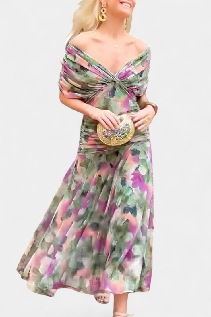 Elise | Dames Gedrapeerde Off-Shoulder Twist Geplooide Taille Maxijurk