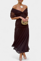 Elise | Dames Gedrapeerde Off-Shoulder Twist Geplooide Taille Maxijurk
