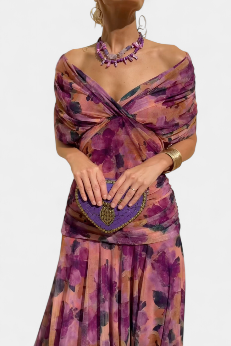 Elise | Dames Gedrapeerde Off-Shoulder Twist Geplooide Taille Maxijurk
