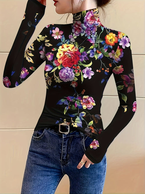 Elske | Dames Romantisch Bloemenprint Hoge Hals Aansluitend Heuplang Top
