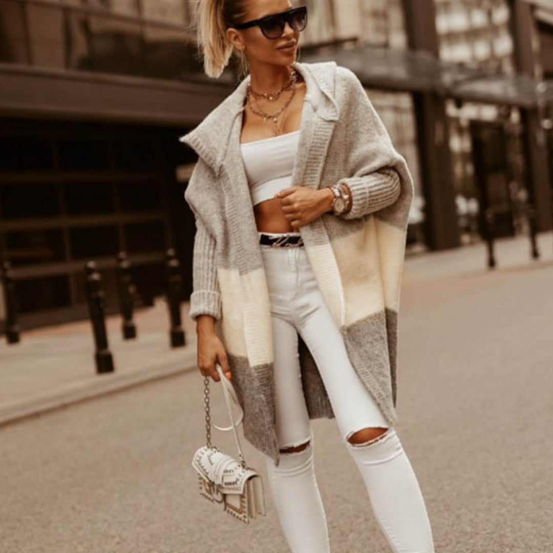 Esmee | Dames Colorblock Capuchon Rits Oversized Lange Cardigan