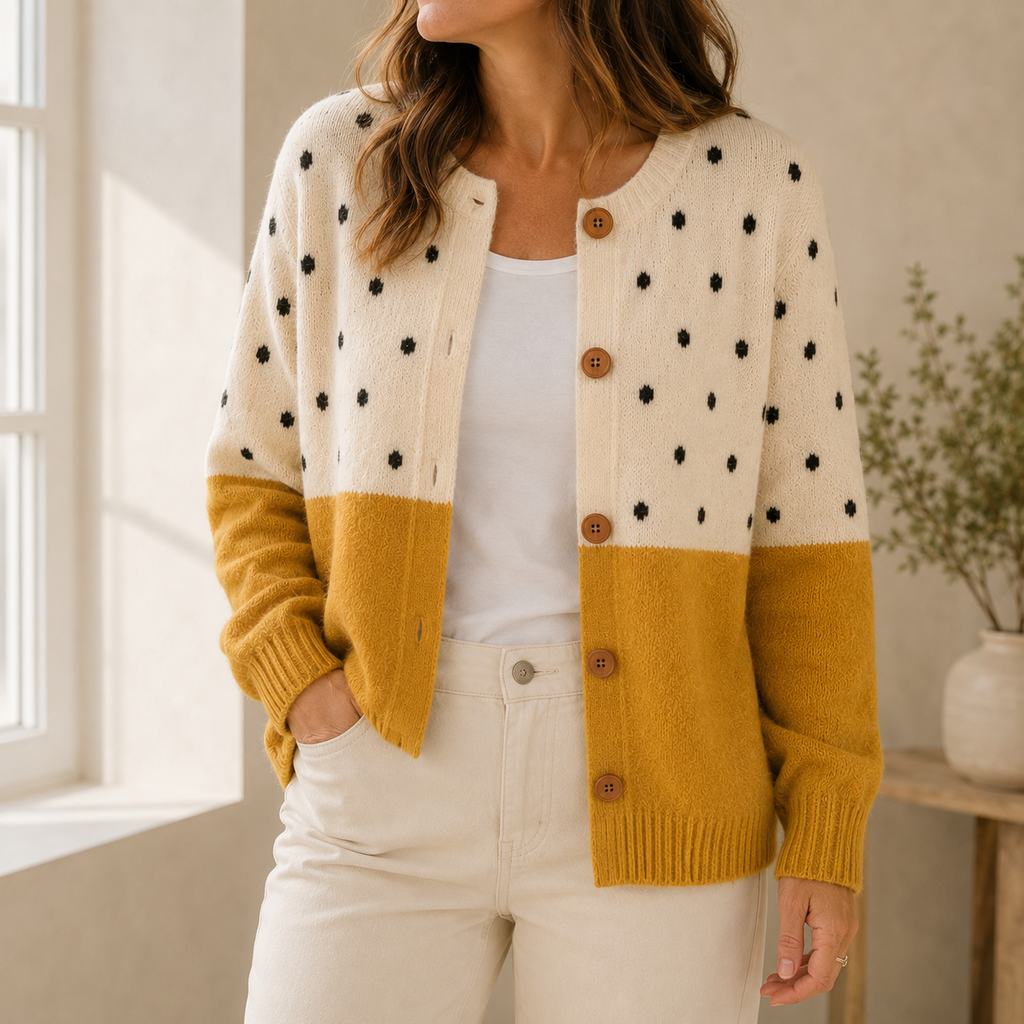 Fenne | Dames Colorblock Stippen Ronde Hals Knoopsluiting Heuplang Cardigan