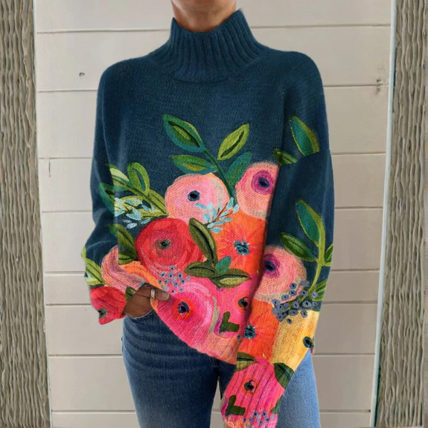 Fleur | Dames Romantisch Bloemenprint Ribboorden Lange Mouw Ruimvallend Coltrui