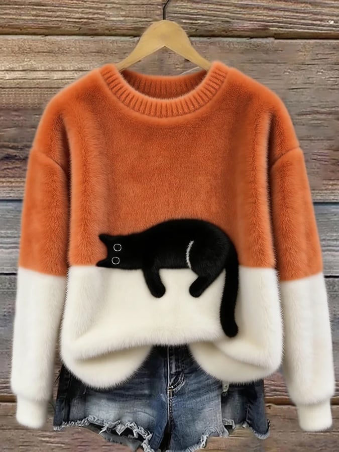 Julia | Dames Kleurvlak Kattenprint Lange Mouw Cropped Trui