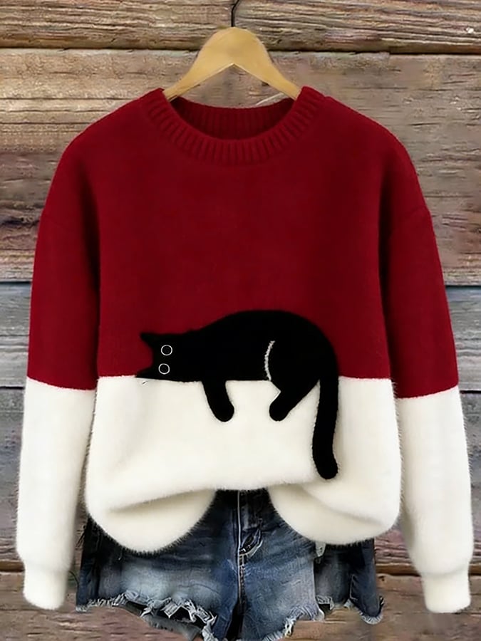 Julia | Dames Kleurvlak Kattenprint Lange Mouw Cropped Trui