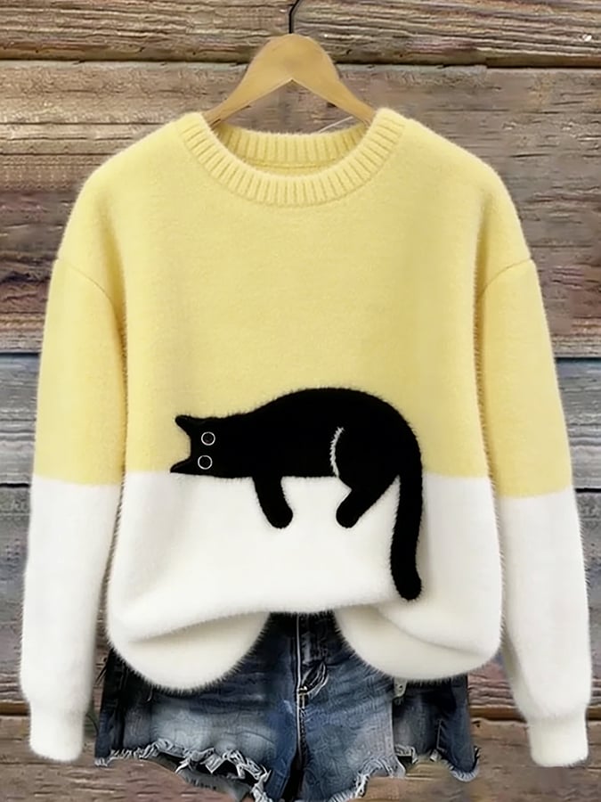 Julia | Dames Kleurvlak Kattenprint Lange Mouw Cropped Trui