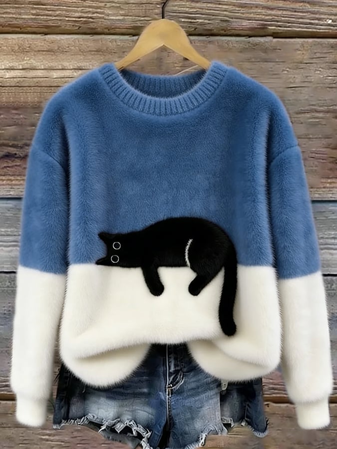 Julia | Dames Kleurvlak Kattenprint Lange Mouw Cropped Trui