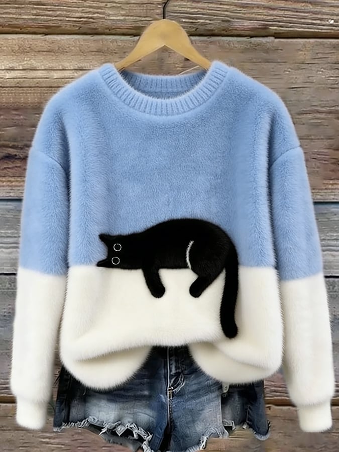 Julia | Dames Kleurvlak Kattenprint Lange Mouw Cropped Trui