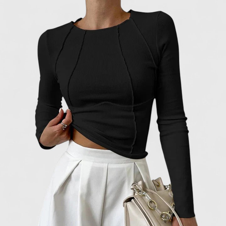 Kyra | Dames Naaddetail Ronde Hals Aansluitend Lange Mouw Top