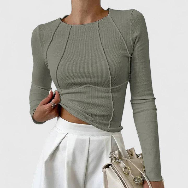 Kyra | Dames Naaddetail Ronde Hals Aansluitend Lange Mouw Top