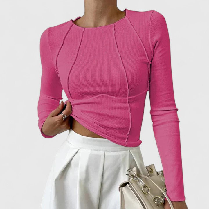 Kyra | Dames Naaddetail Ronde Hals Aansluitend Lange Mouw Top