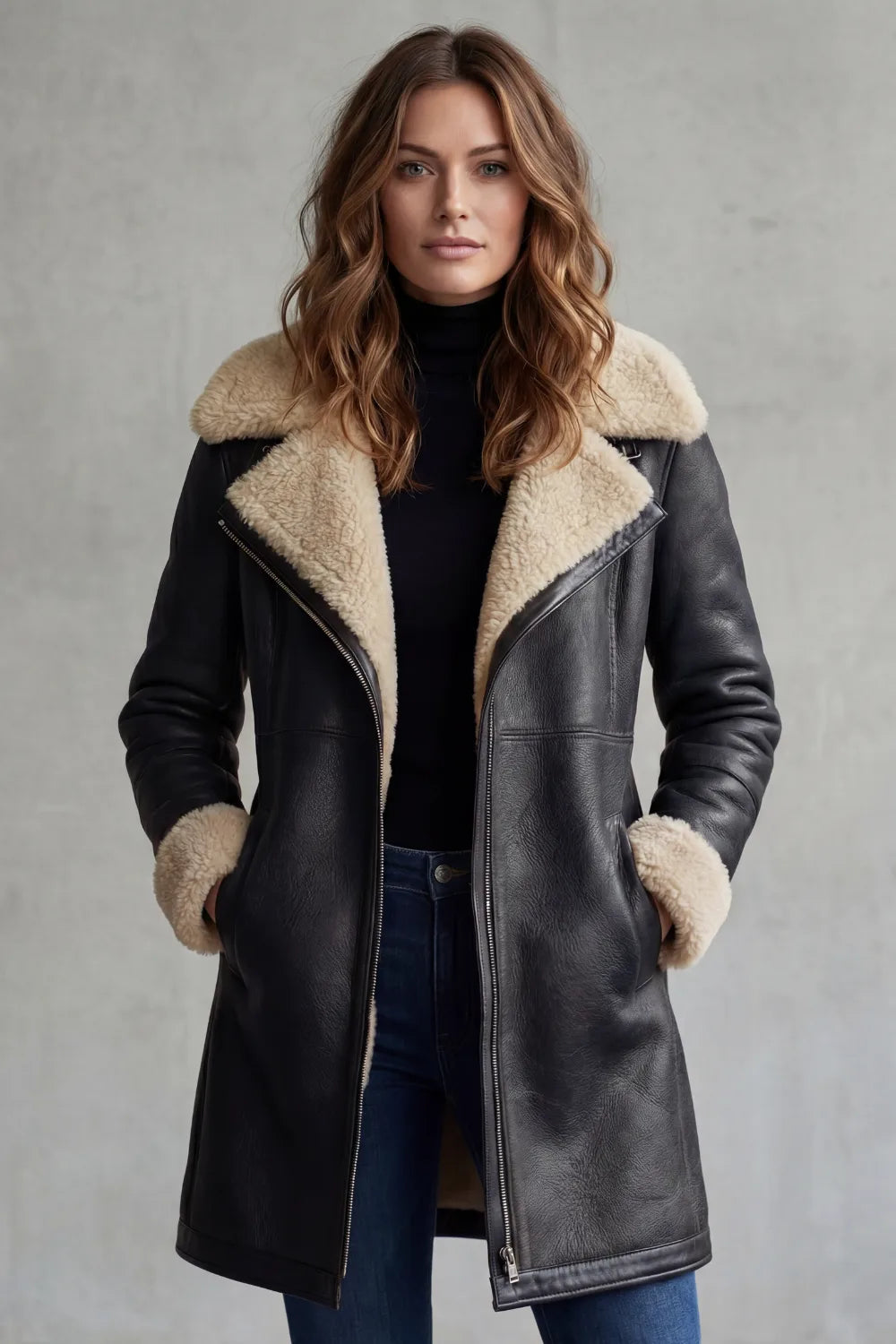 Lieke | Dames Aviator Brede Kraag Ritssluiting Halflange Jas
