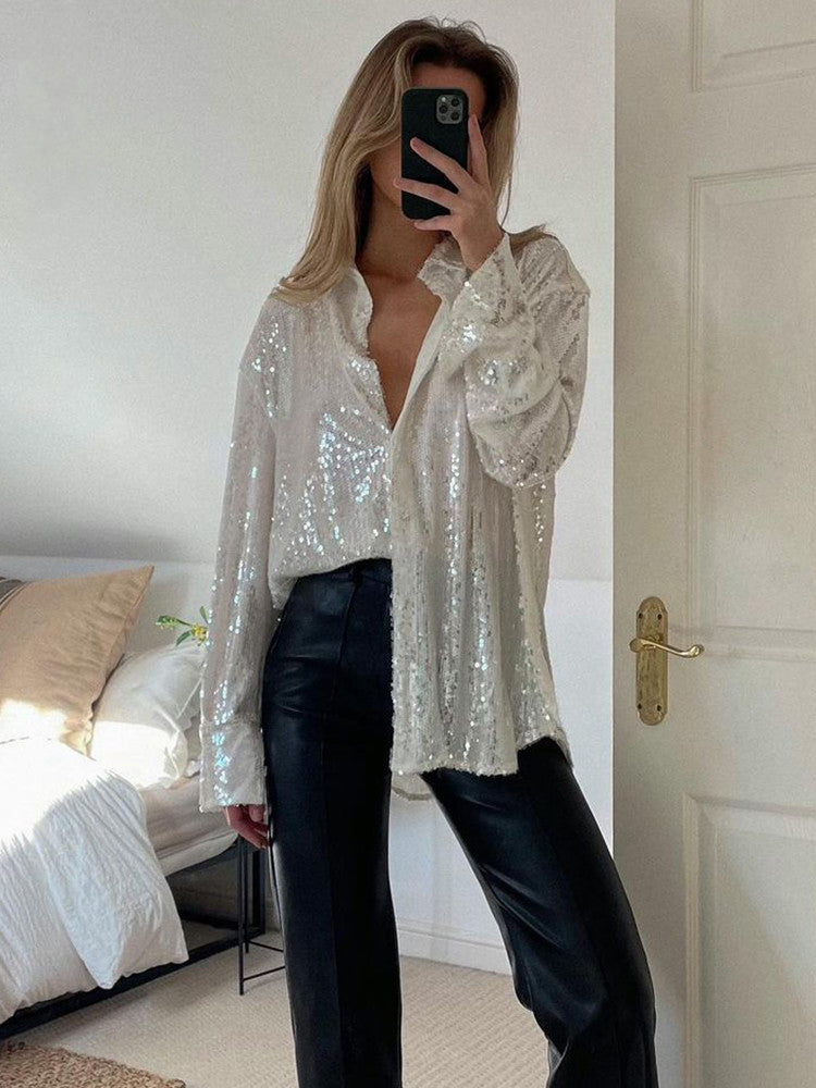 Lieke | Dames Oversized Glitter Doorknoop Lange Mouw Blouse