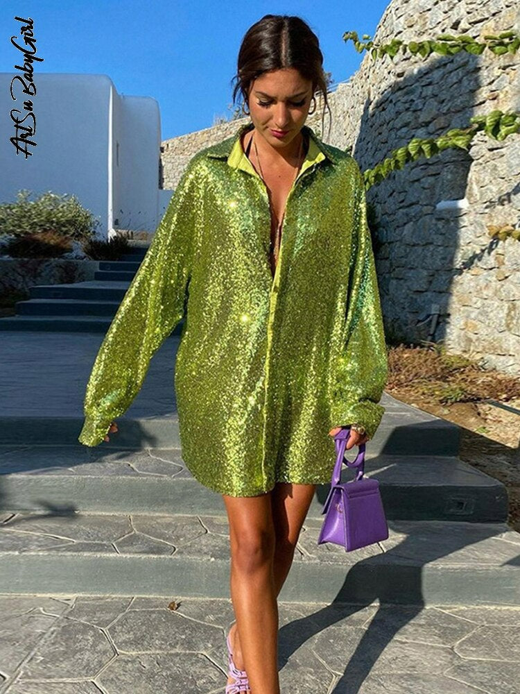 Lieke | Dames Oversized Glitter Doorknoop Lange Mouw Blouse