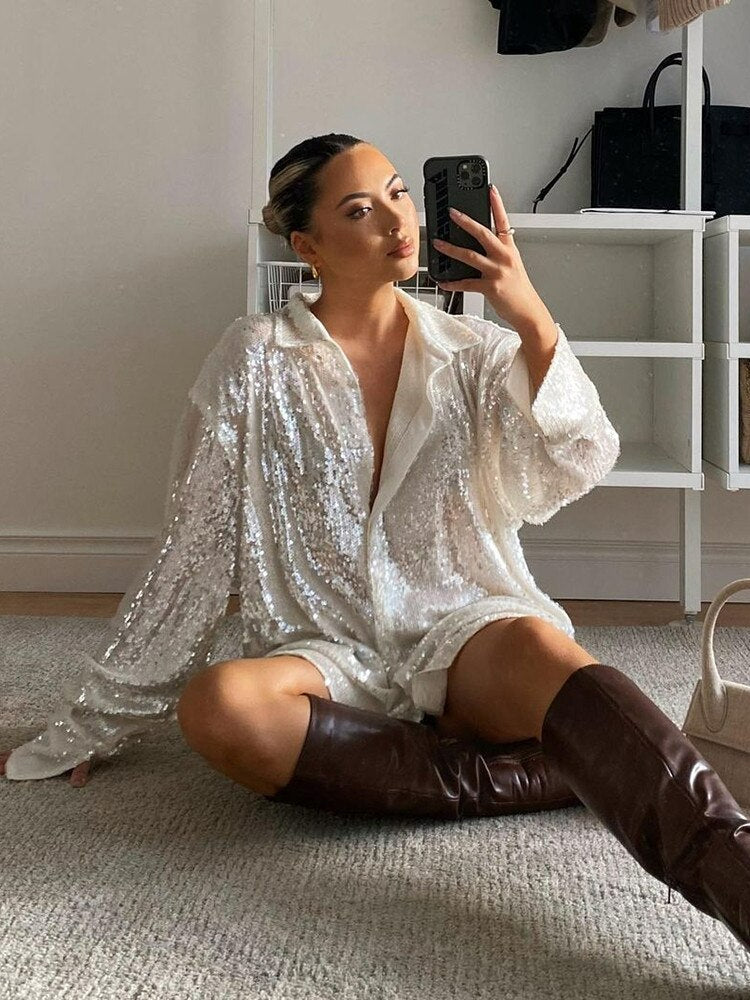 Lieke | Dames Oversized Glitter Doorknoop Lange Mouw Blouse