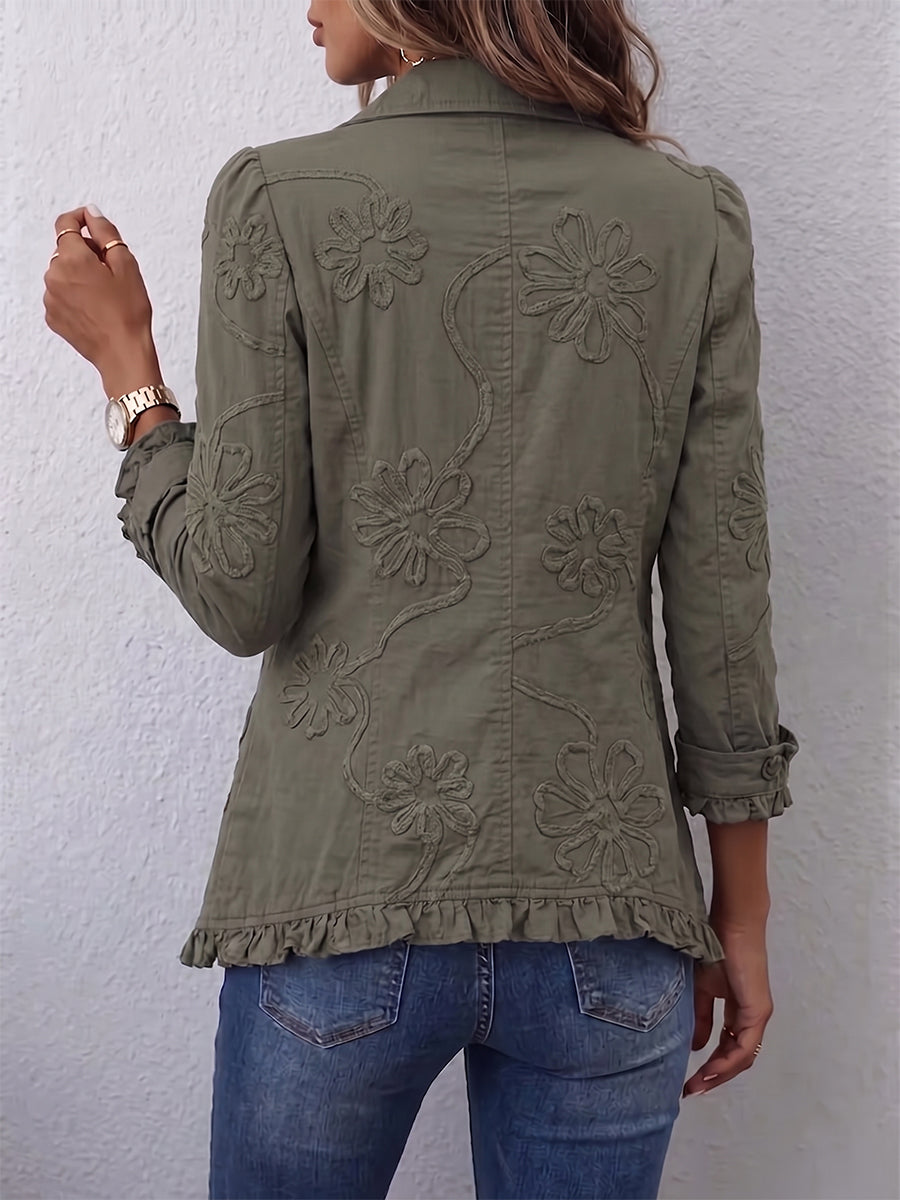 Linde | Dames Boho Geborduurd Volant Sierknopen Getailleerd Heuplang Jas