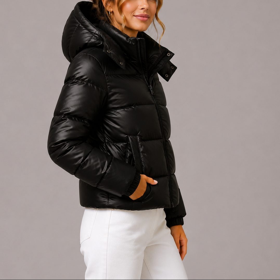 Lotte | Dames Glanzende Bontrand Capuchon Heuplang Puffer