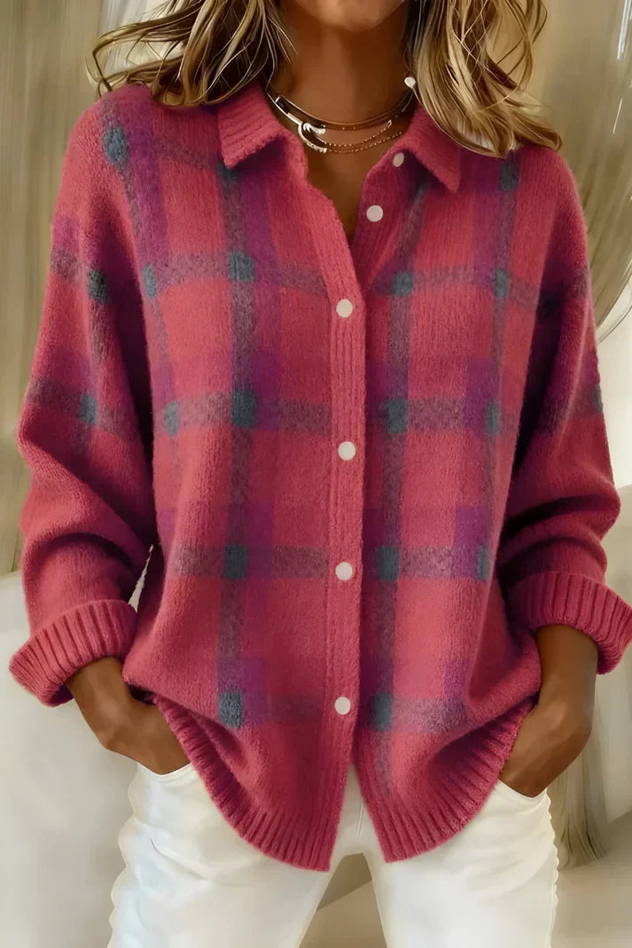 Marloes | Dames Geruit Kraag Knoop Lange Mouw Vest
