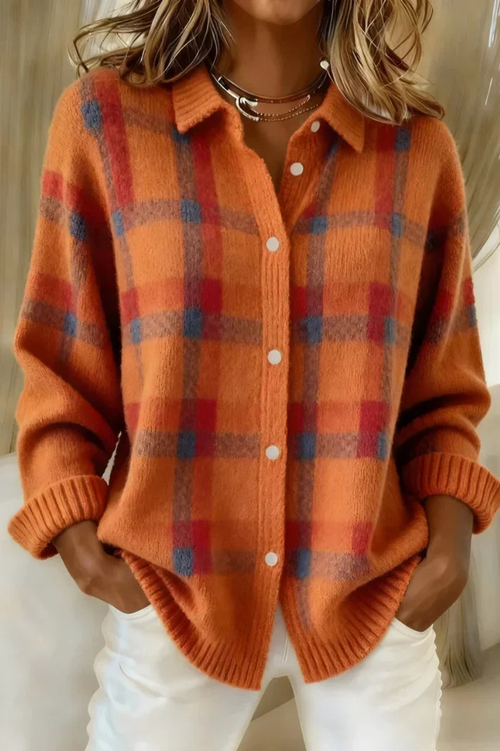 Marloes | Dames Geruit Kraag Knoop Lange Mouw Vest