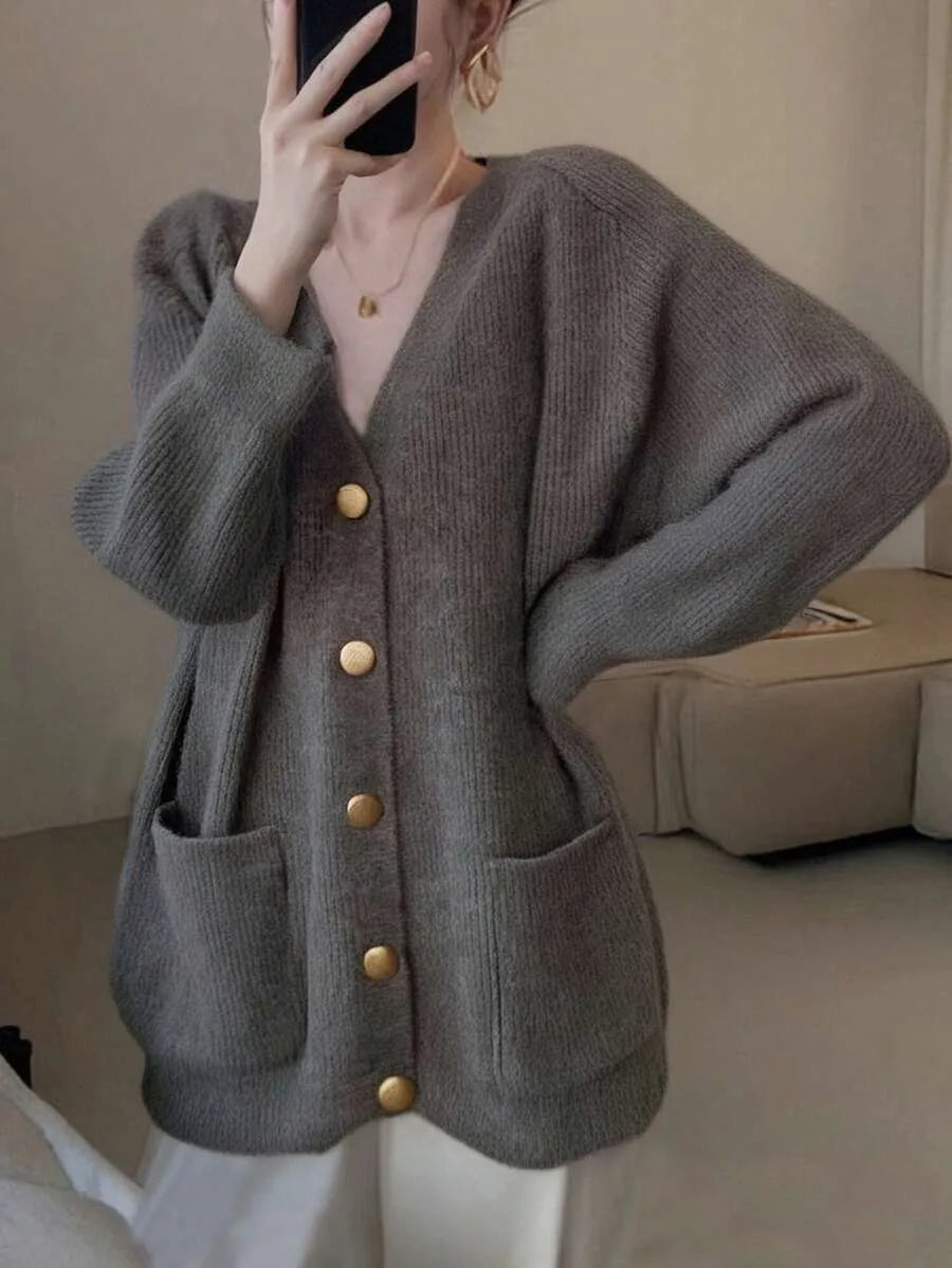 Mila | Dames Oversized V-Hals Knoopsluiting Lange Mouw Vest