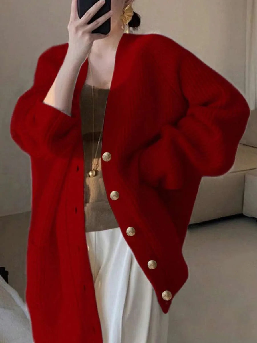 Mila | Dames Oversized V-Hals Knoopsluiting Lange Mouw Vest