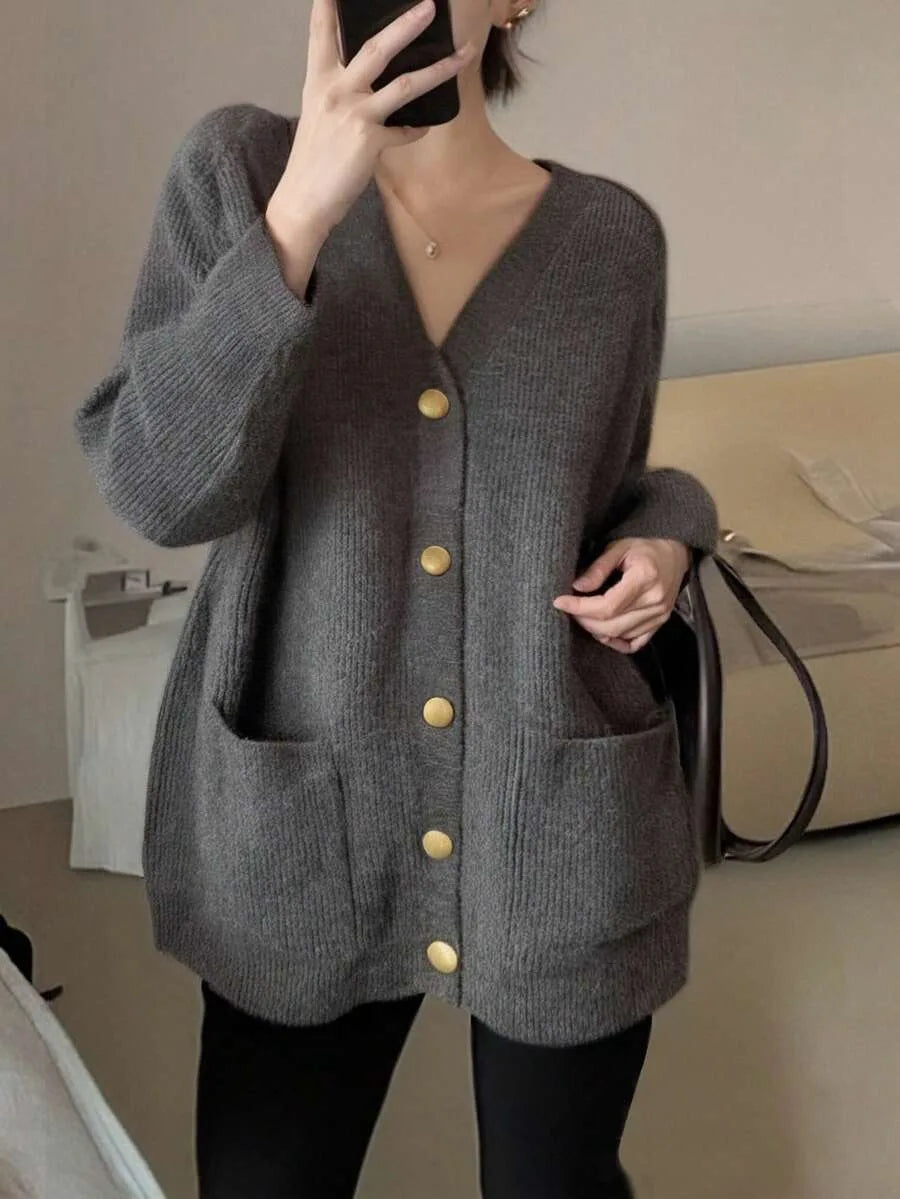 Mila | Dames Oversized V-Hals Knoopsluiting Lange Mouw Vest
