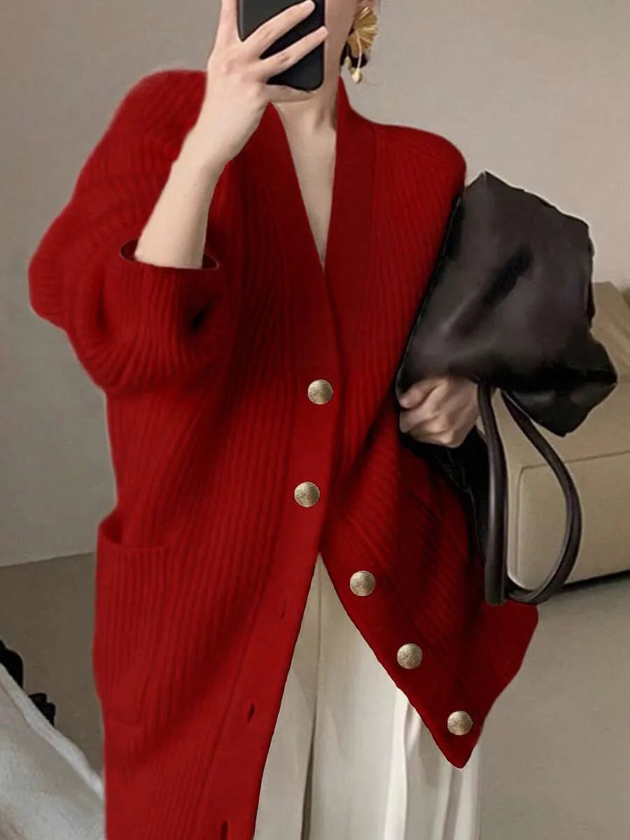 Mila | Dames Oversized V-Hals Knoopsluiting Lange Mouw Vest