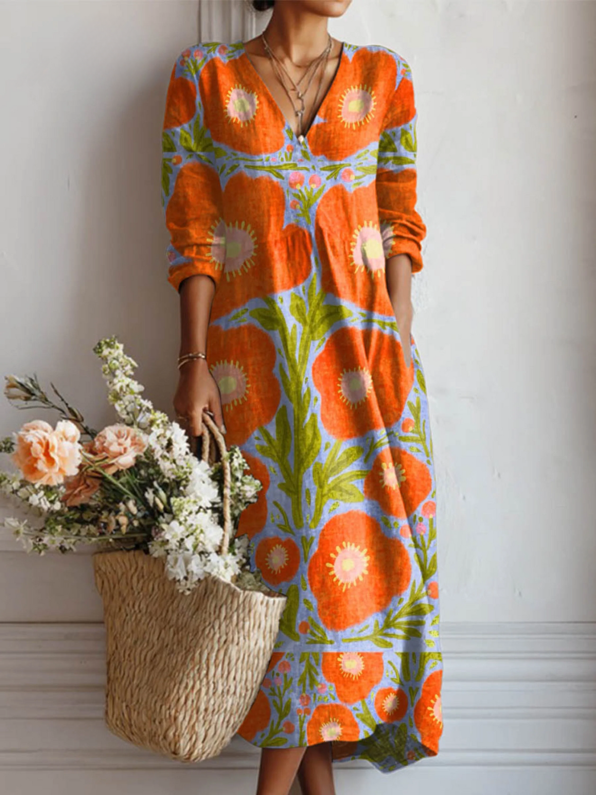 Roos | Dames Vintage Bloemenprint V-Hals Lange Mouw Maxi Jurk