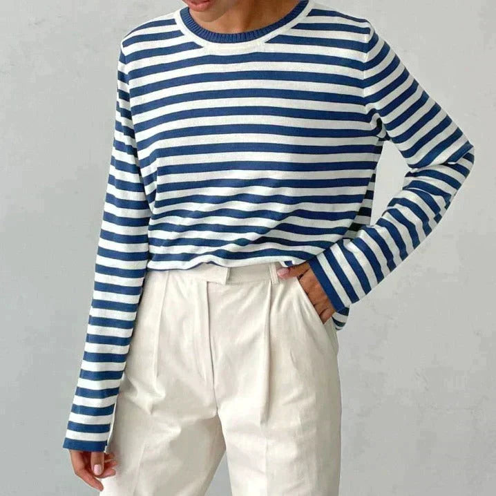 Saar | Dames Gestreepte Ronde Hals Lange Mouw Sweatshirt