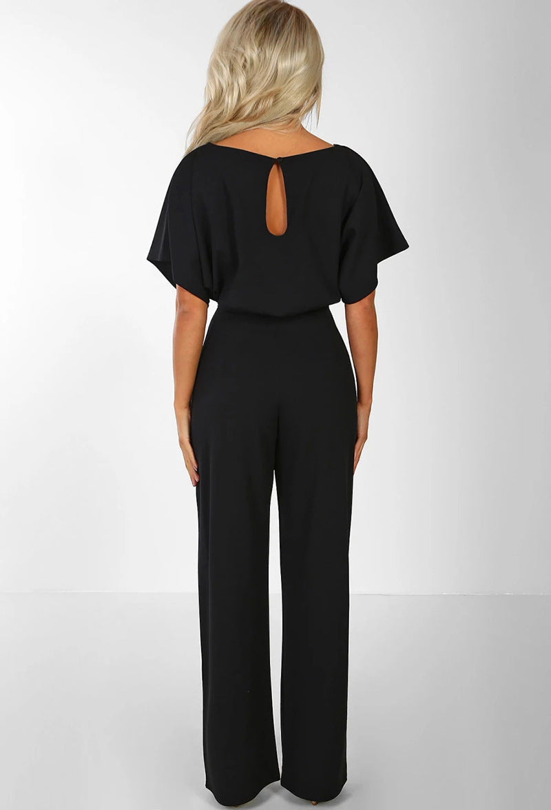 Sanne | Dames Elegante Boothals Korte Mouw Wijde Pijp Jumpsuit