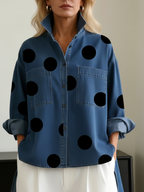 Sanne | Dames Stippen Opstaande Kraag High-Low Overshirt