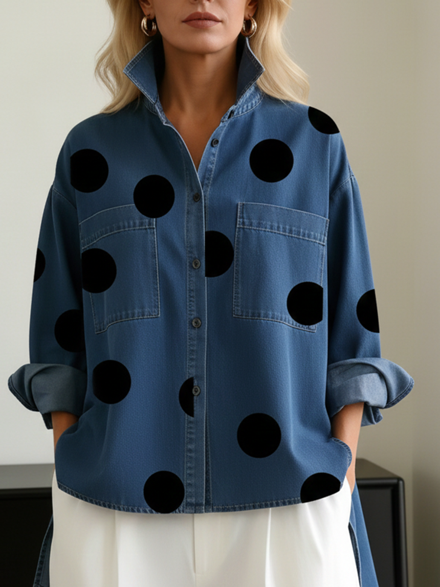 Sanne | Dames Stippen Opstaande Kraag High-Low Overshirt