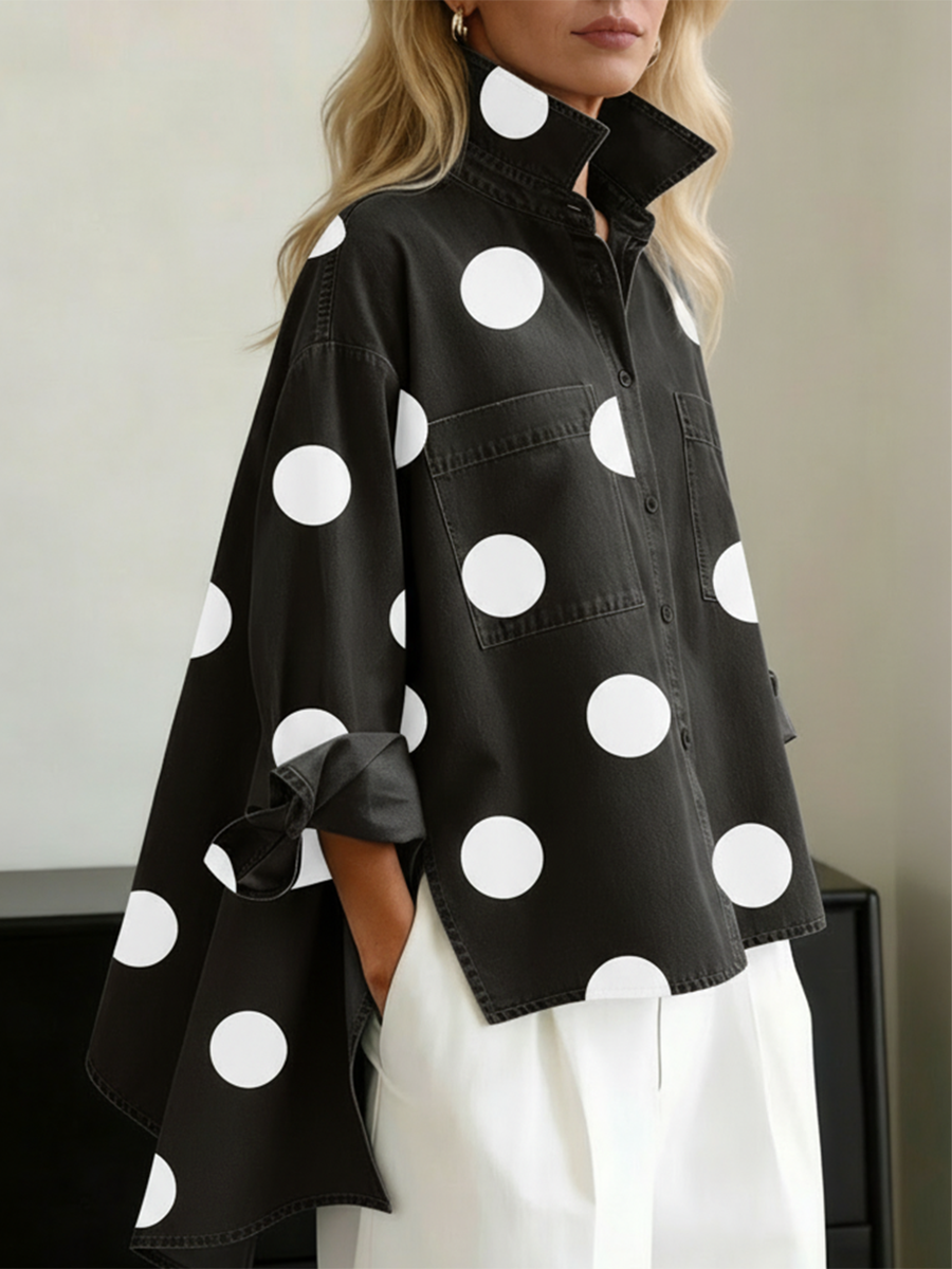 Sanne | Dames Stippen Opstaande Kraag High-Low Overshirt