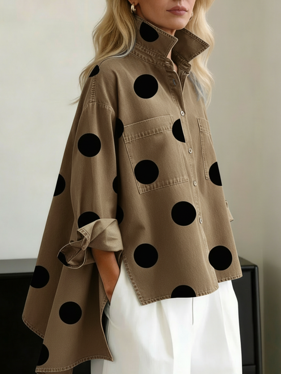 Sanne | Dames Stippen Opstaande Kraag High-Low Overshirt
