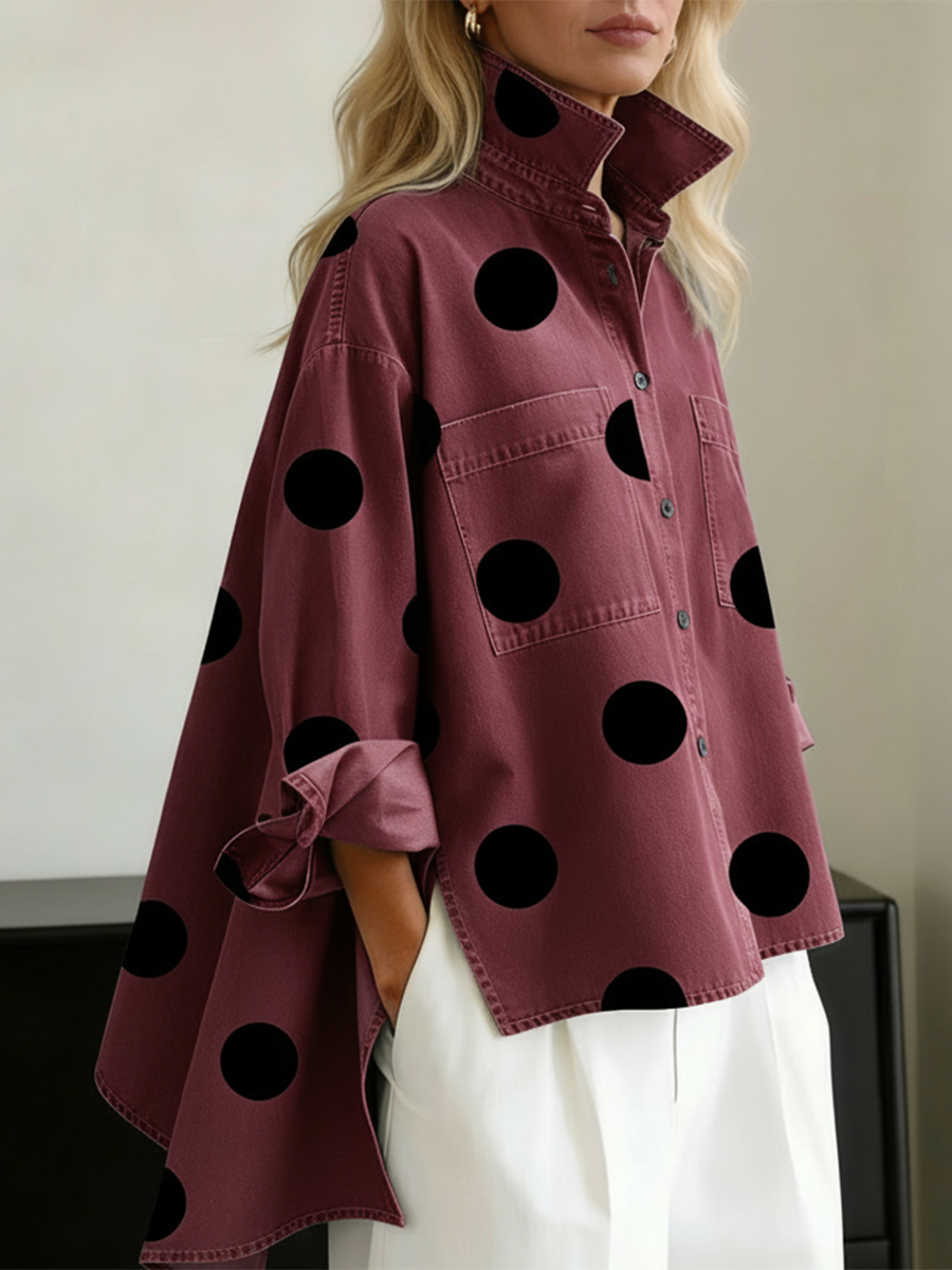 Sanne | Dames Stippen Opstaande Kraag High-Low Overshirt