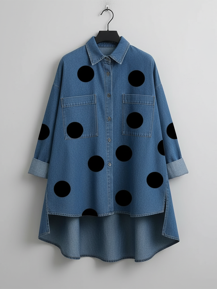Sanne | Dames Stippen Opstaande Kraag High-Low Overshirt